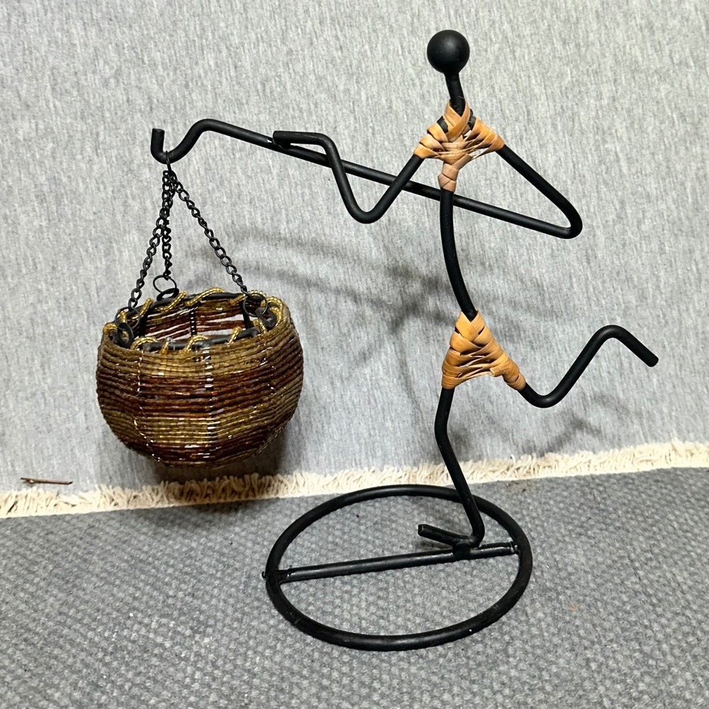 Vtg 1960's Ratten Metal Sculpture w/Hanging Beaded Candle Holder Tribal Folk Art